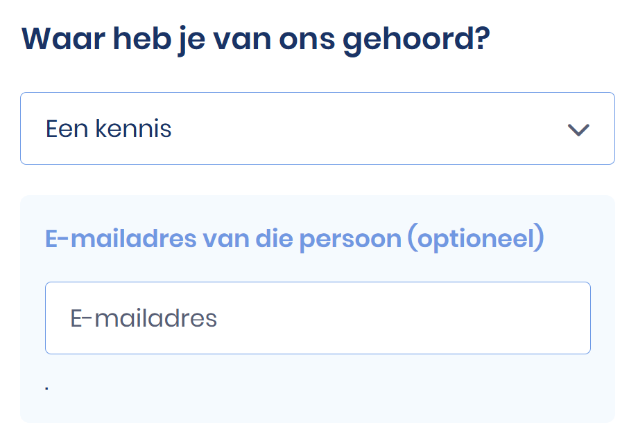 Stap 6 van de aanmelding: kies Een kennis en vul het e-mailadres in